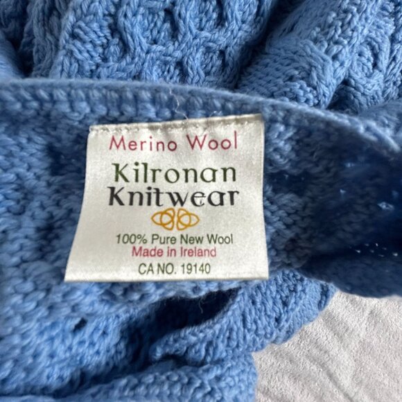 Kilronan Knitwear Womens Blue Merino Wool Cable-Knit Cardigan Sweater Pockets - Picture 3 of 7